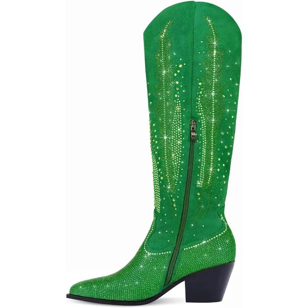 Women  Polyurethane Green Knee High Pointed Toe Chunky Heel Rhinestone Boot